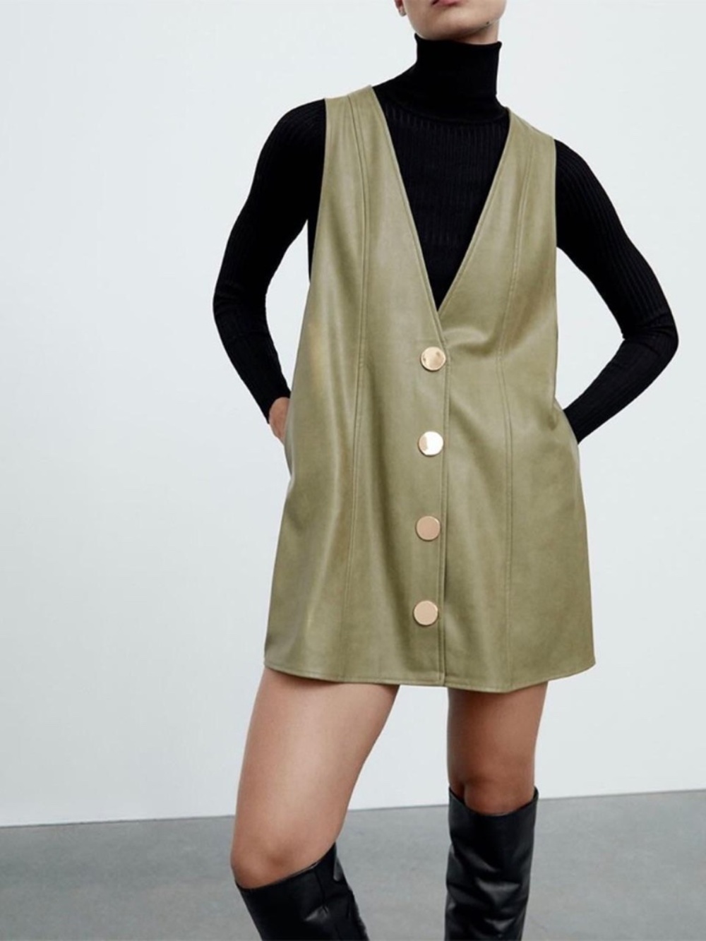 ZARA green/khaki faux leather pinafore mini skirt/dress with gold buttons